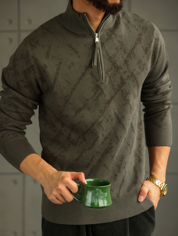 【智感鬆弛】格調花紋半高領針織衫男士拉鍊套頭打底毛衣
