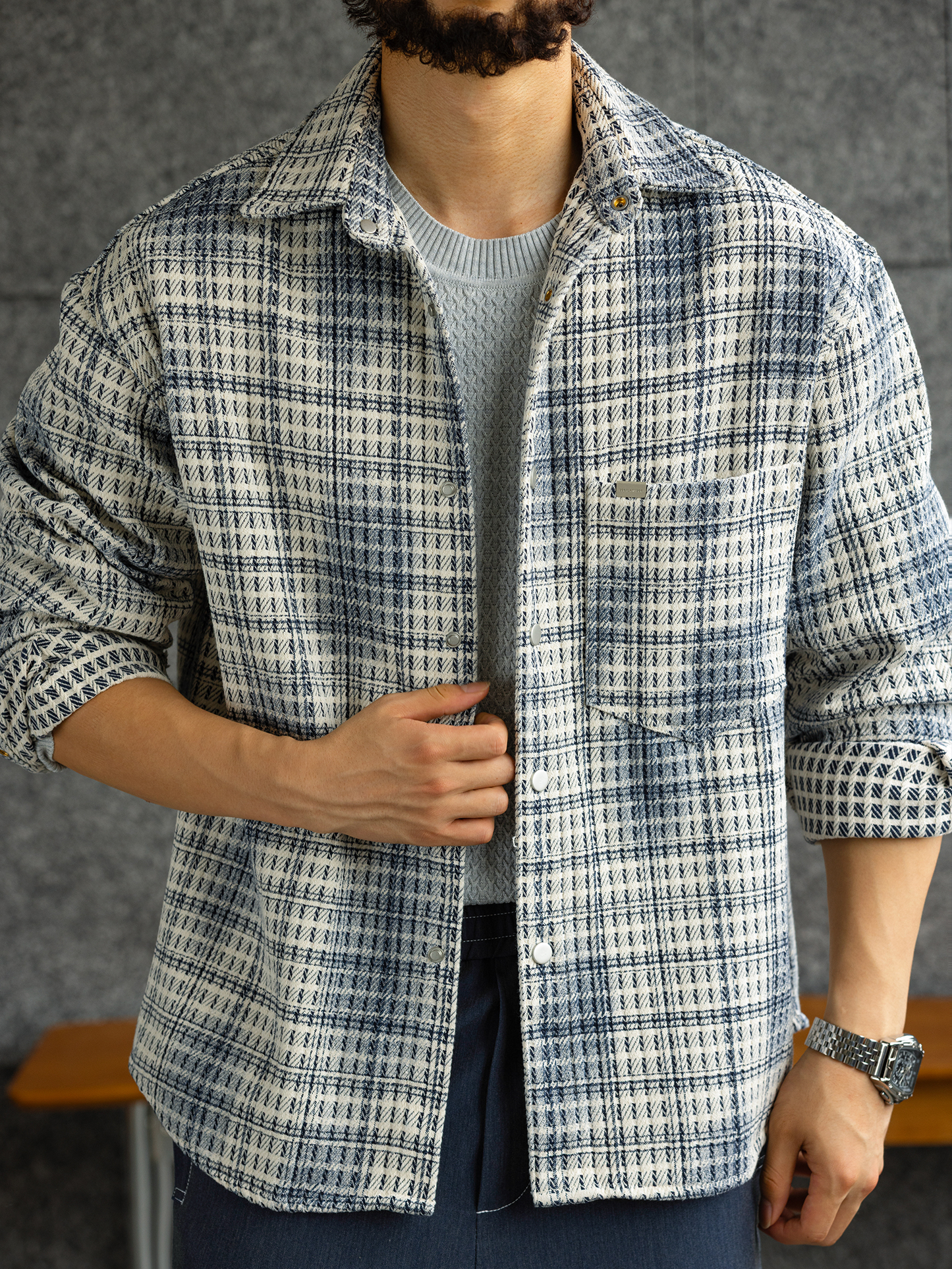 【維羅納記憶】高端粗花呢肌理長袖襯衫男小香風格子襯衣