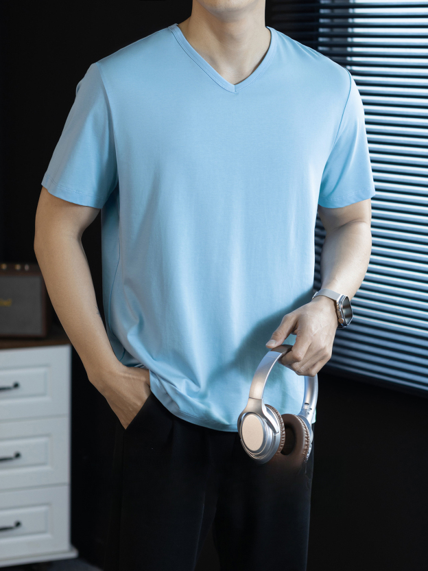 冰絲莫代爾雲感棉V領短袖T恤男士夏季2026休閒涼感純色薄款體恤衫