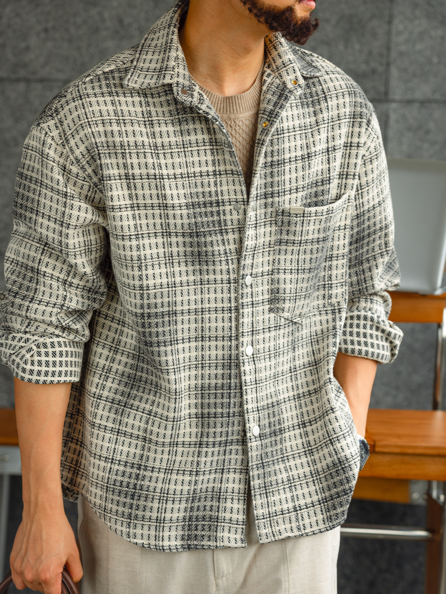 【維羅納記憶】高端粗花呢肌理長袖襯衫男小香風格子襯衣