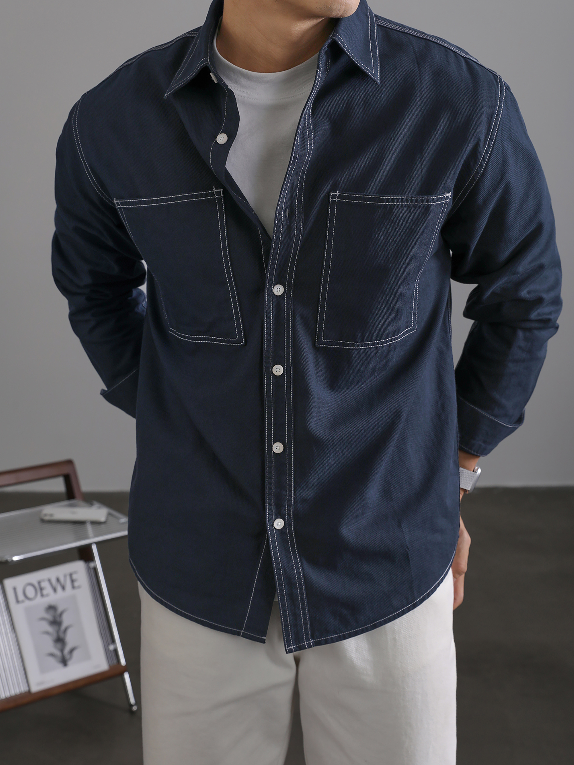 洗水復古牛仔藍色翻領長袖襯衫男士日常百搭純棉休閒小襯衣