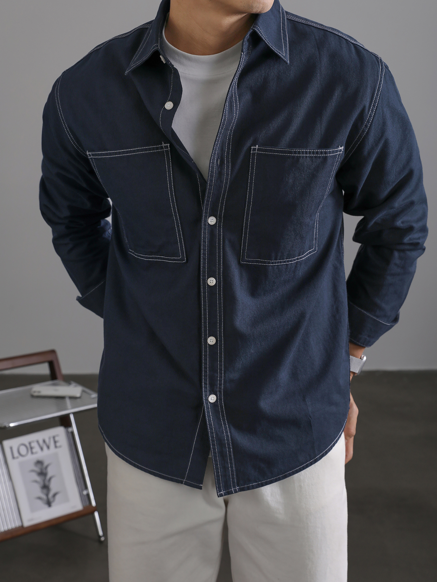 洗水復古牛仔藍色翻領長袖襯衫男士日常百搭純棉休閒小襯衣