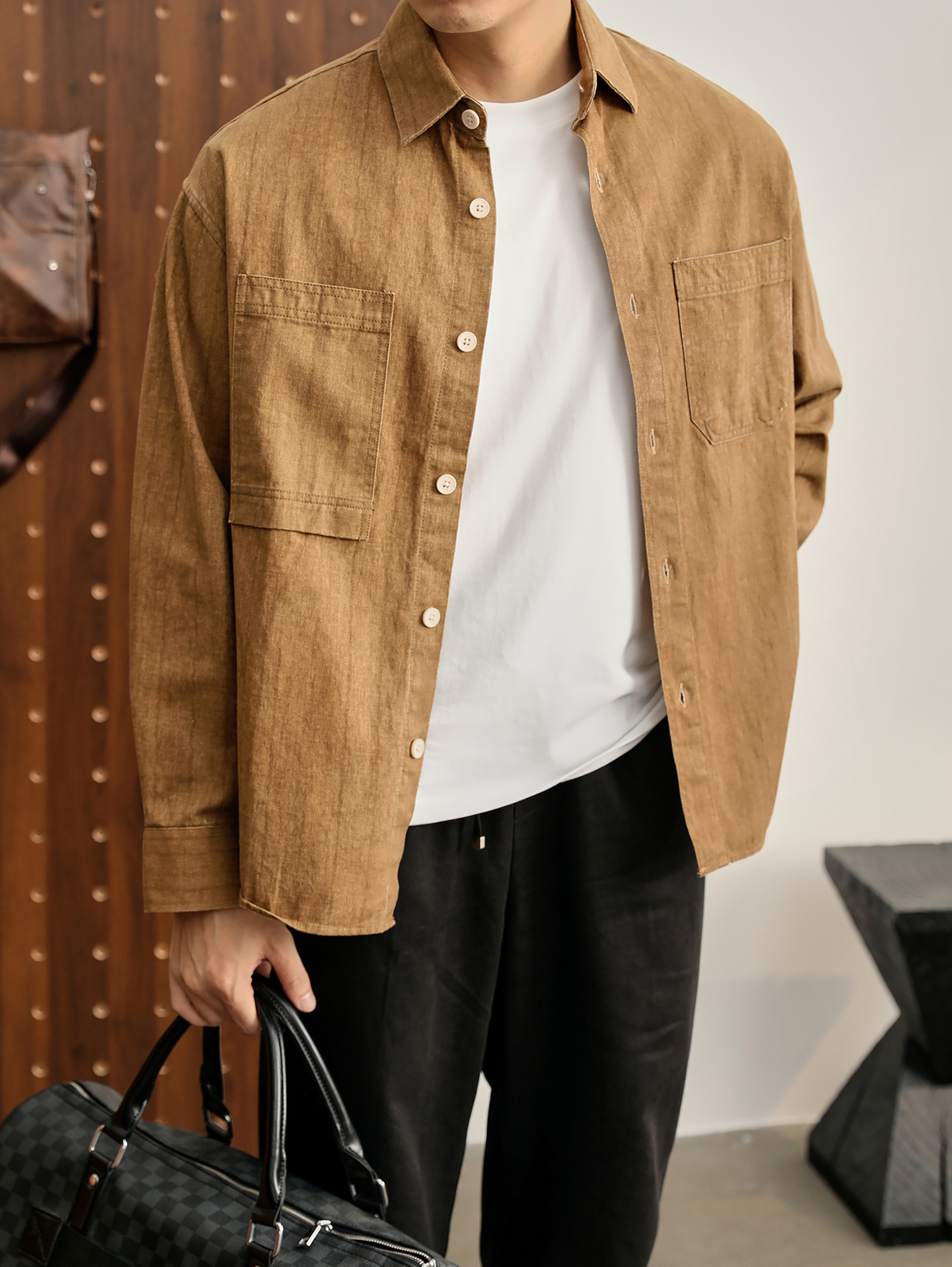 日系復古老錢男士100%純棉長袖襯衫秋季雙口袋純色襯衣外套