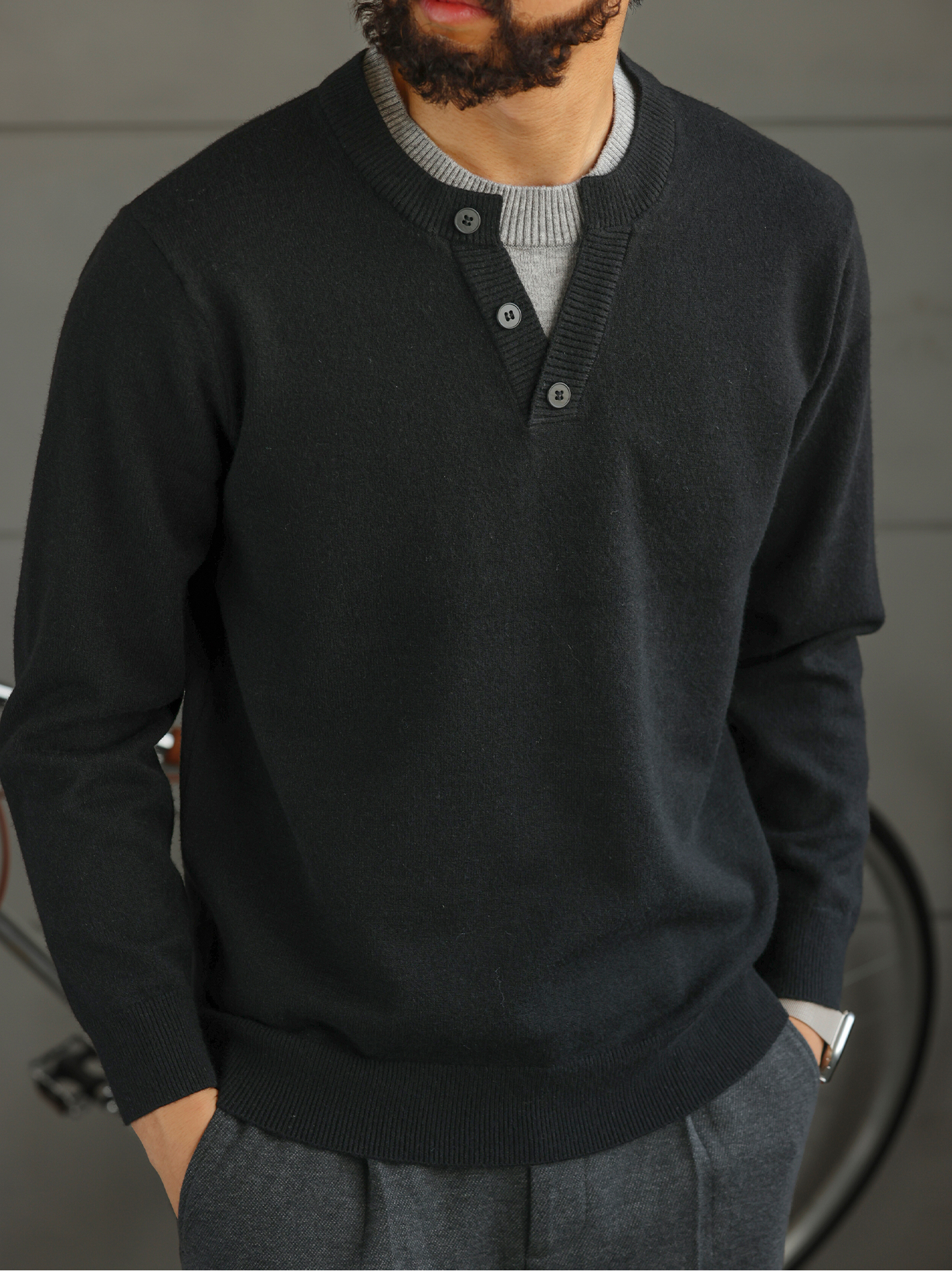 【紳士型格】羊毛混紡假兩件圓領毛衣男易打理針織打底衫