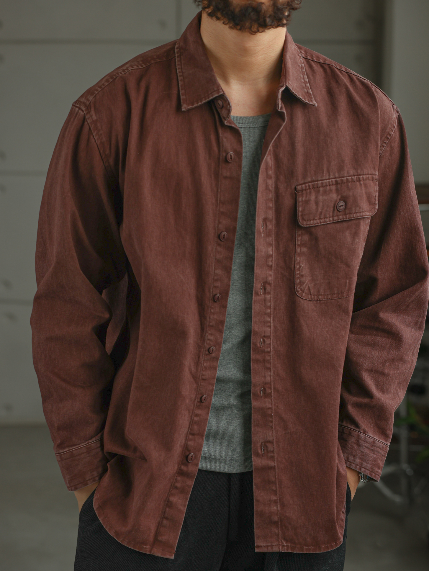 日系復古酵素水洗仿牛仔純棉長袖襯衫男工裝通勤休閒襯衣