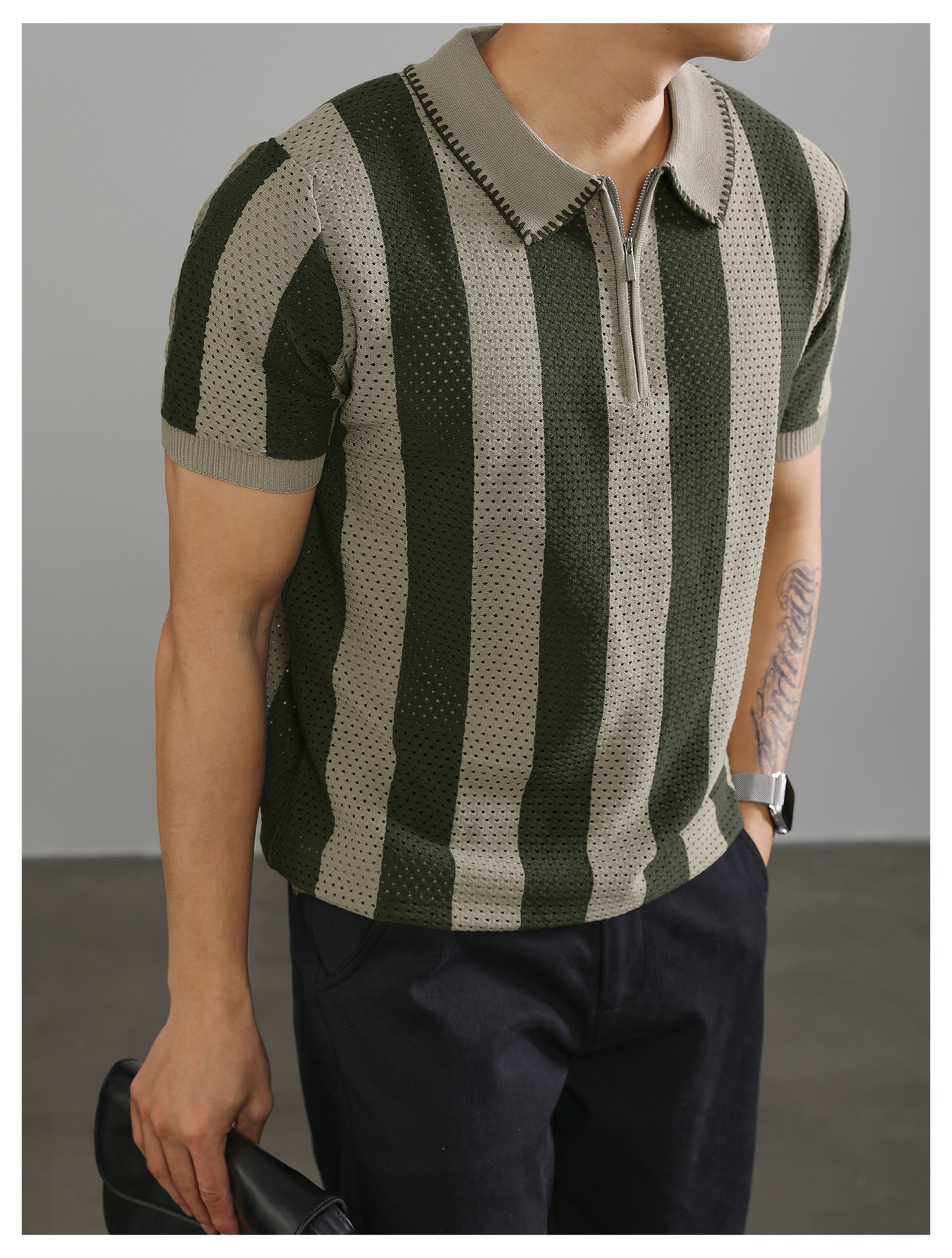 半拉鍊翻領polo衫短袖男士復古鏤空針織衫高級感潮牌保羅衫