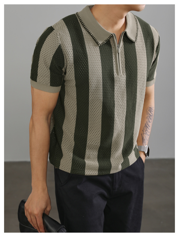 半拉鍊翻領polo衫短袖男士復古鏤空針織衫高級感潮牌保羅衫