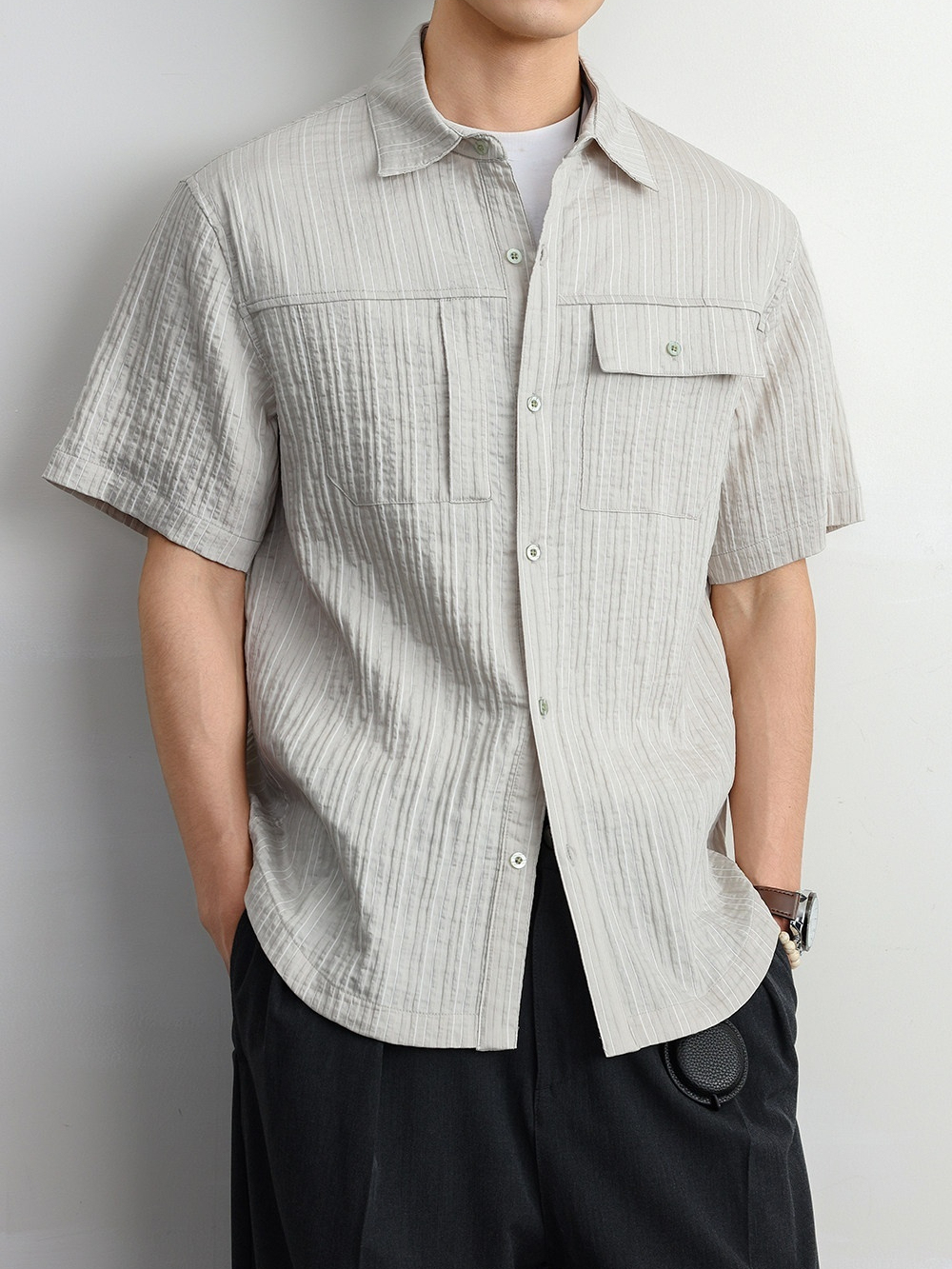 條紋襯衫男夏輕薄款高級感痞帥休閒泡泡紗老錢風休閒冰絲短袖襯衣