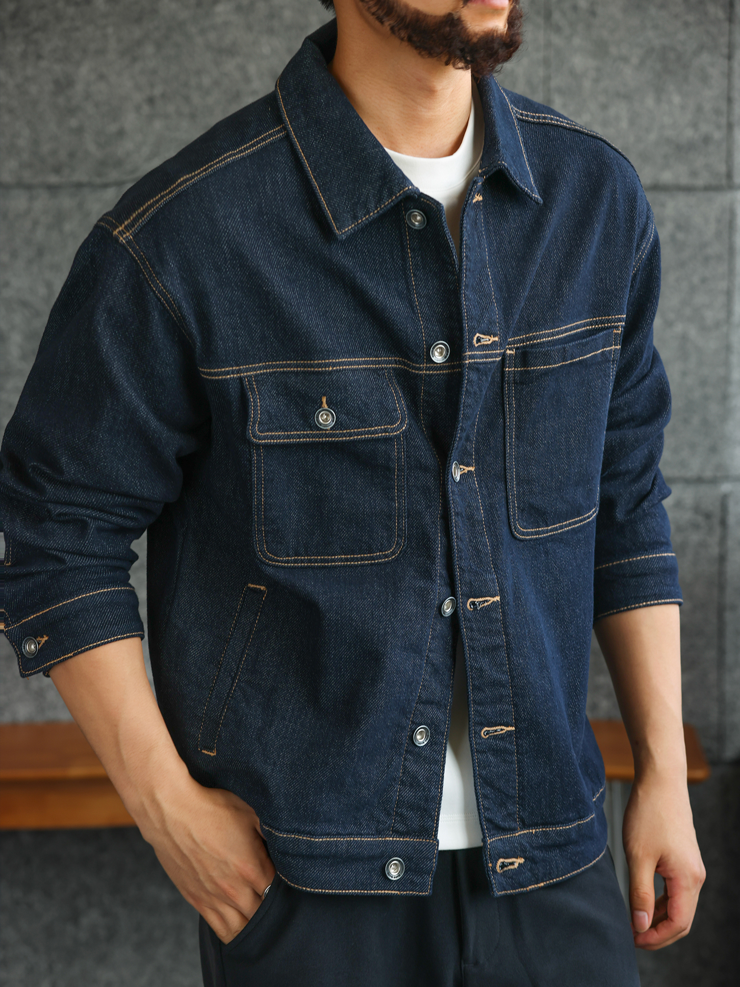 【防褪色】原色水洗牛仔外套男秋冬工裝休閒夾克