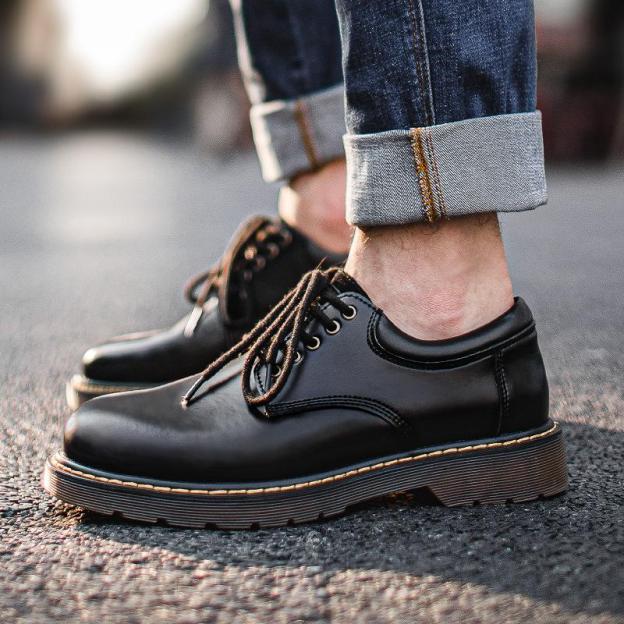 馬登男鞋秋冬季潮鞋子新款休閒皮鞋黑色大頭鞋英倫風低幫潮流-Retro's Wear