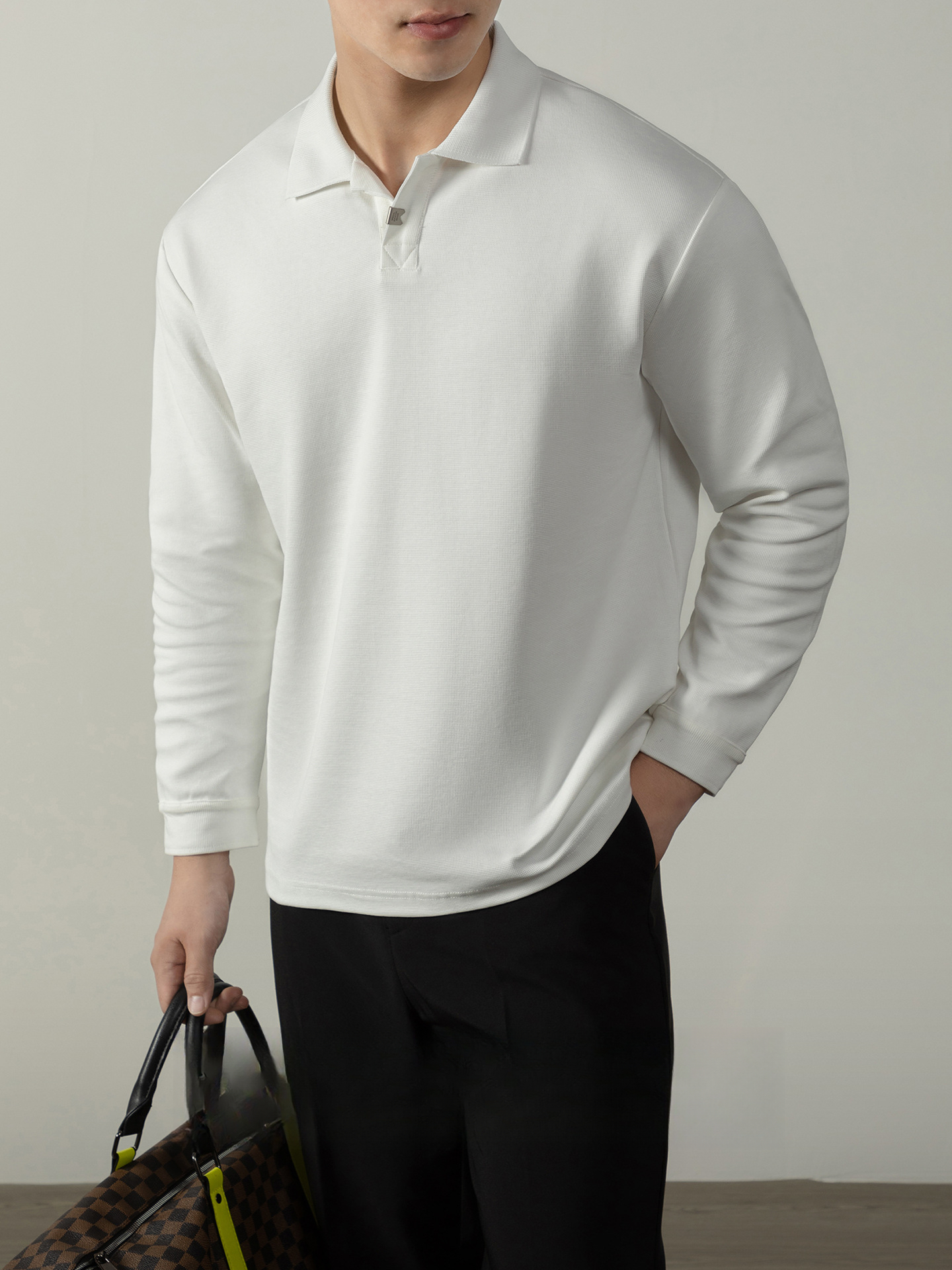 奢享系列| 高級維希格紋棉海鷗領POLO衫男長袖厚款秋冬百搭上衣