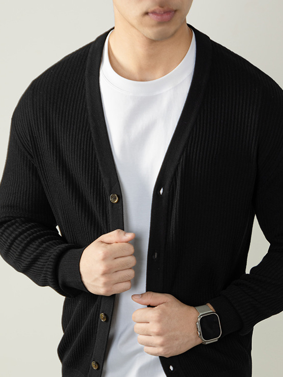 【都市輕熟風】12針織法豎紋針織衫男士秋冬保暖親膚厚款毛衣開衫