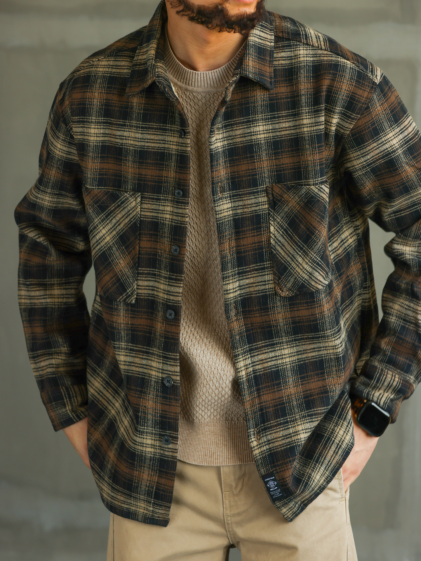 【城際暖域】秋冬純棉格子加絨加厚襯衫男士修身保暖襯衣