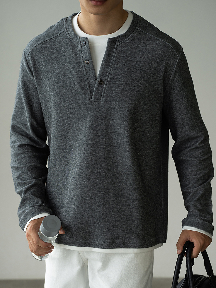 老錢風撞色V領手縫扣假兩件針織衫男2025年秋親膚休閒新款長袖T恤