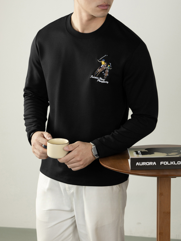 【古典馬球運動刺繡】高級感60S絲光親膚莫代爾棉圓領T桖長袖秋季