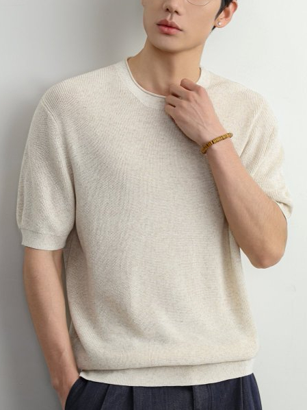 【萊賽爾亞麻】男士夏季寬鬆美式復古純色簡約通勤老錢針織短袖T恤