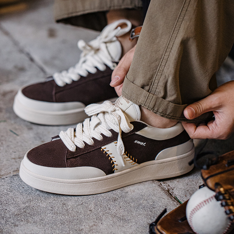 春季新款棒球設計男鞋平底休閒鞋厚底增高潮流復古百搭板鞋