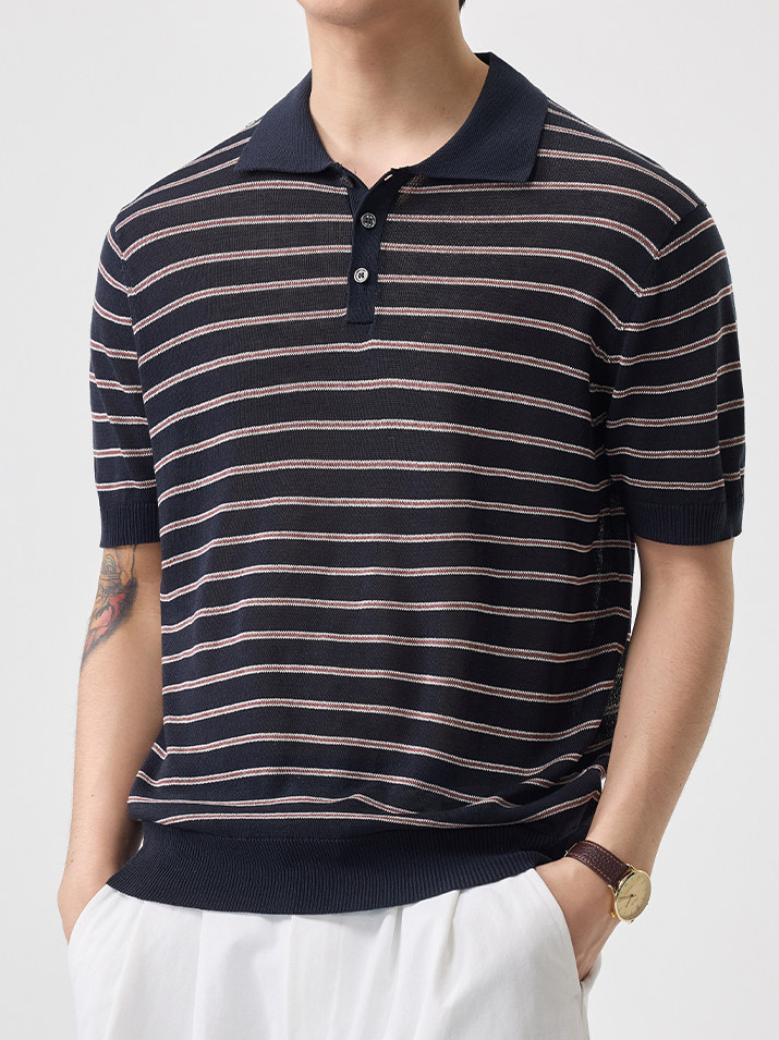 老钱简约风短袖T恤男士针织衫半袖t夏季新款翻领宽松百搭条纹日系