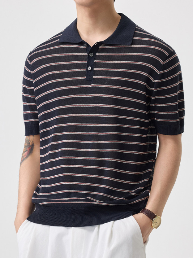 老钱简约风短袖T恤男士针织衫半袖t夏季新款翻领宽松百搭条纹日系