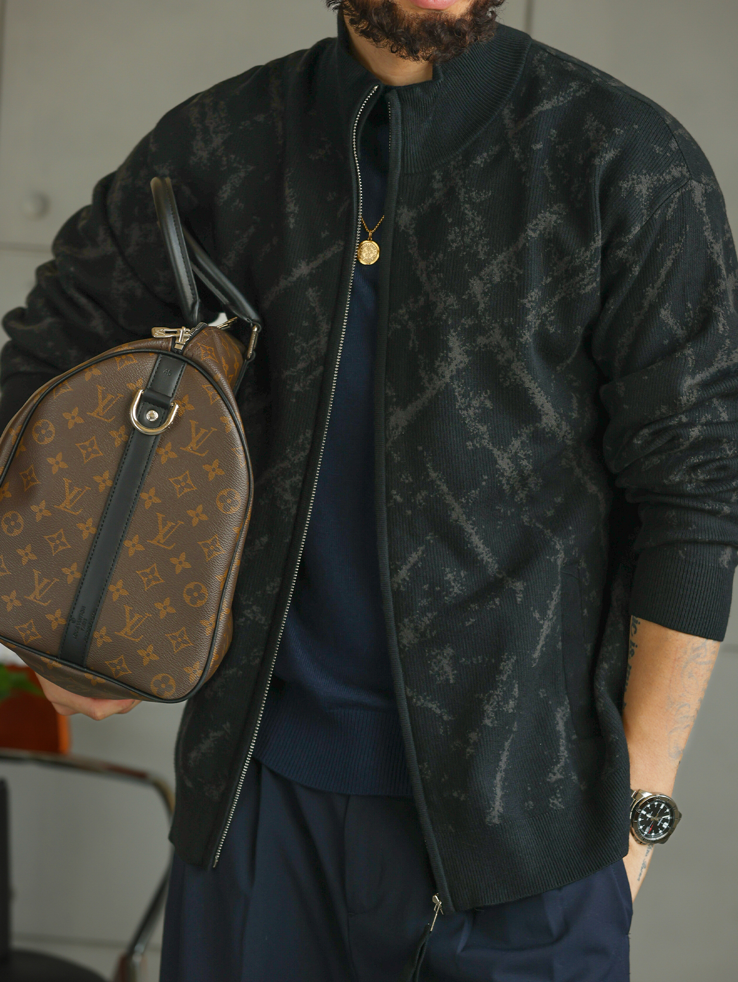 【智感鬆弛】精緻格調花紋針織開衫男士拉鍊外套立領毛衣