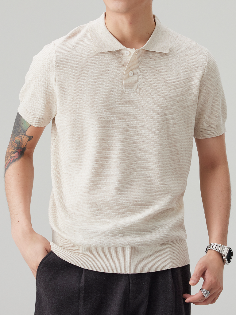 美式复古翻领POLO衫男士夏季透气休闲商务老钱风亚麻短袖t恤