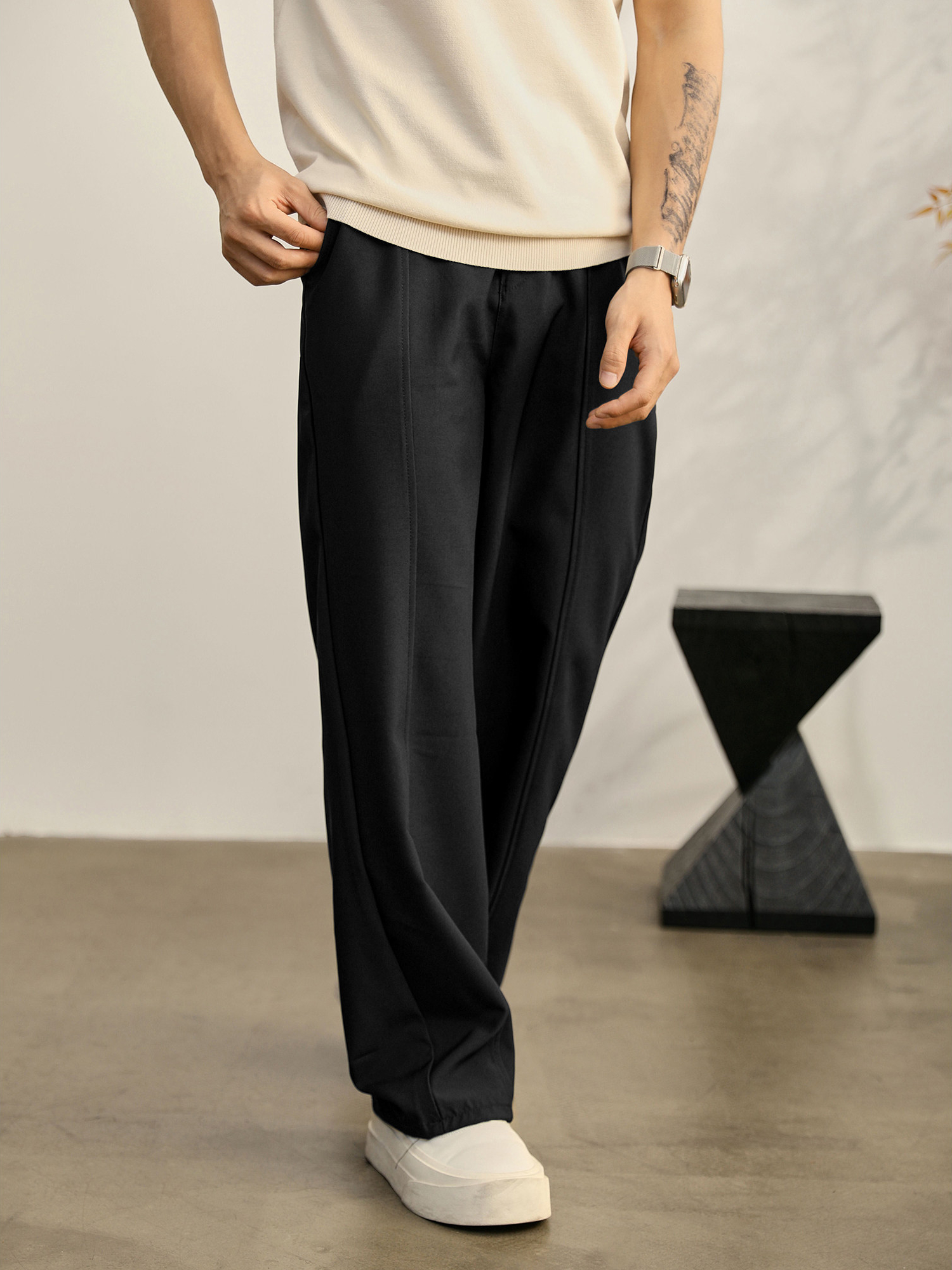 垂墜線條感休閒男士小西褲經典直筒闊腿褲半鬆緊腰免燙長褲