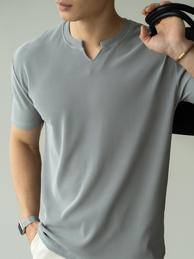 坑條肌理亨利領白色短袖T恤男士2025春夏新款透氣寬鬆亨利衫1688