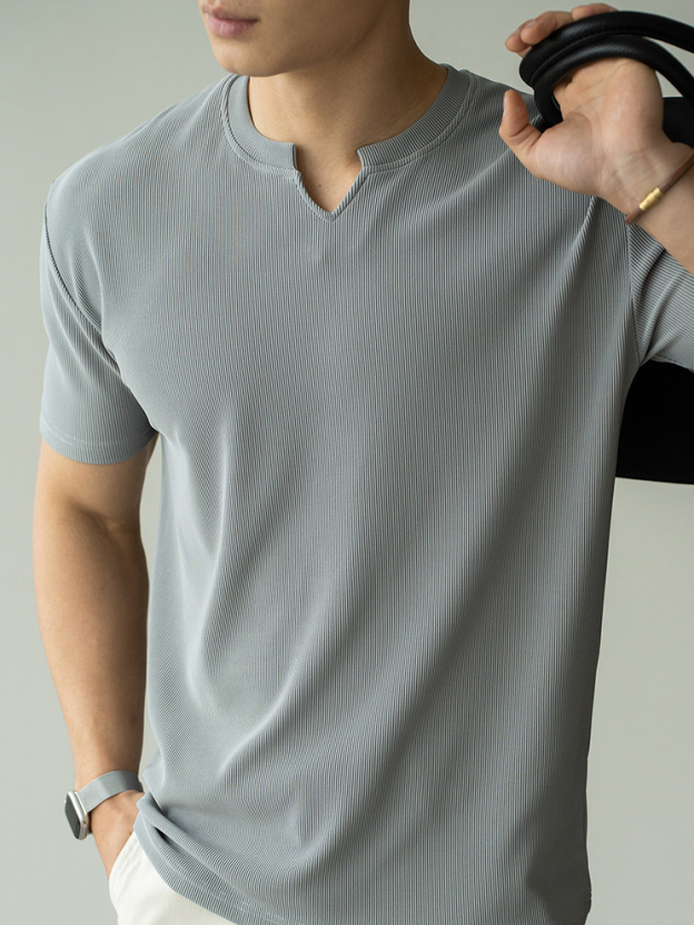 坑條肌理亨利領白色短袖T恤男士2025春夏新款透氣寬鬆亨利衫1688