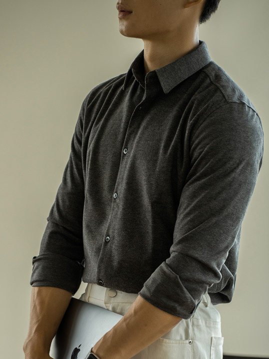 仿羊毛呢秋冬男士長袖襯衫商務休閒純色磨毛襯衣