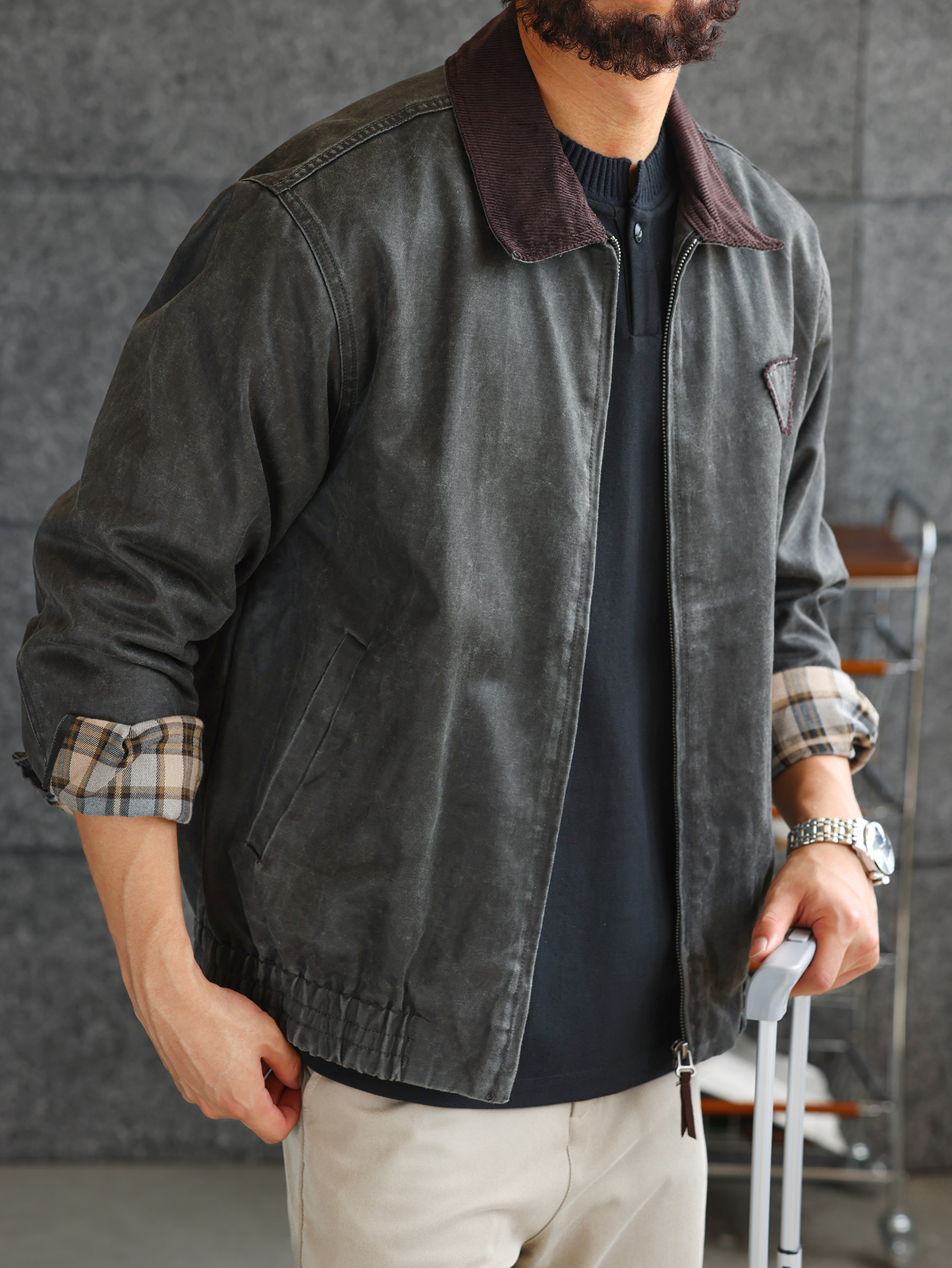 【磨毛質感】水洗油蠟皮紋理撞色翻領夾克男商務休閒外套