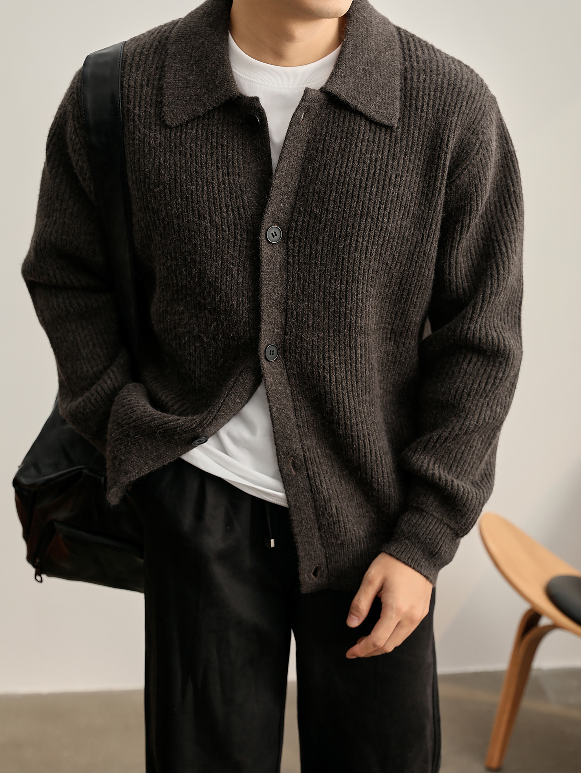 慵懒风坑条肌理感翻领针织开衫毛衣男秋冬简约cleanfit外套