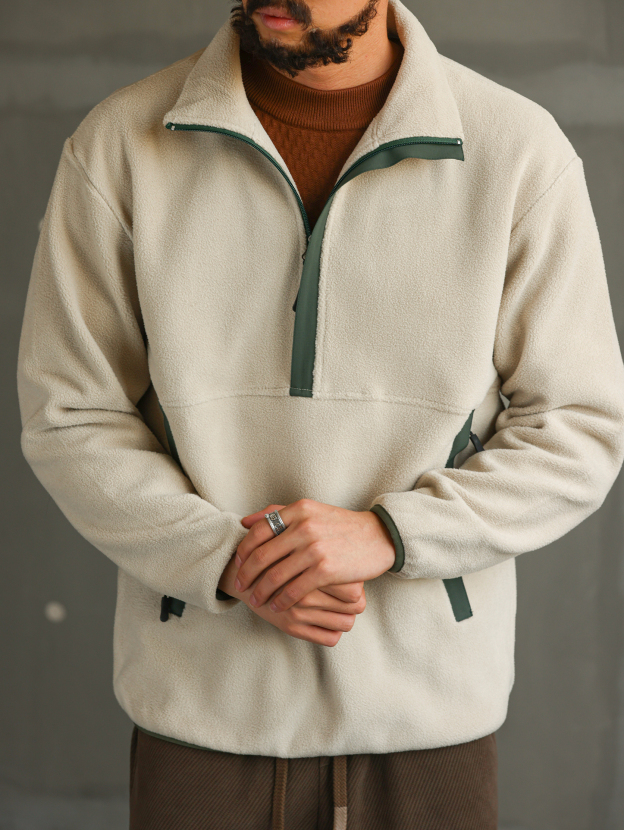 【無界型動】撞色羊羔絨衛衣男士秋冬加厚保暖半拉鍊外套