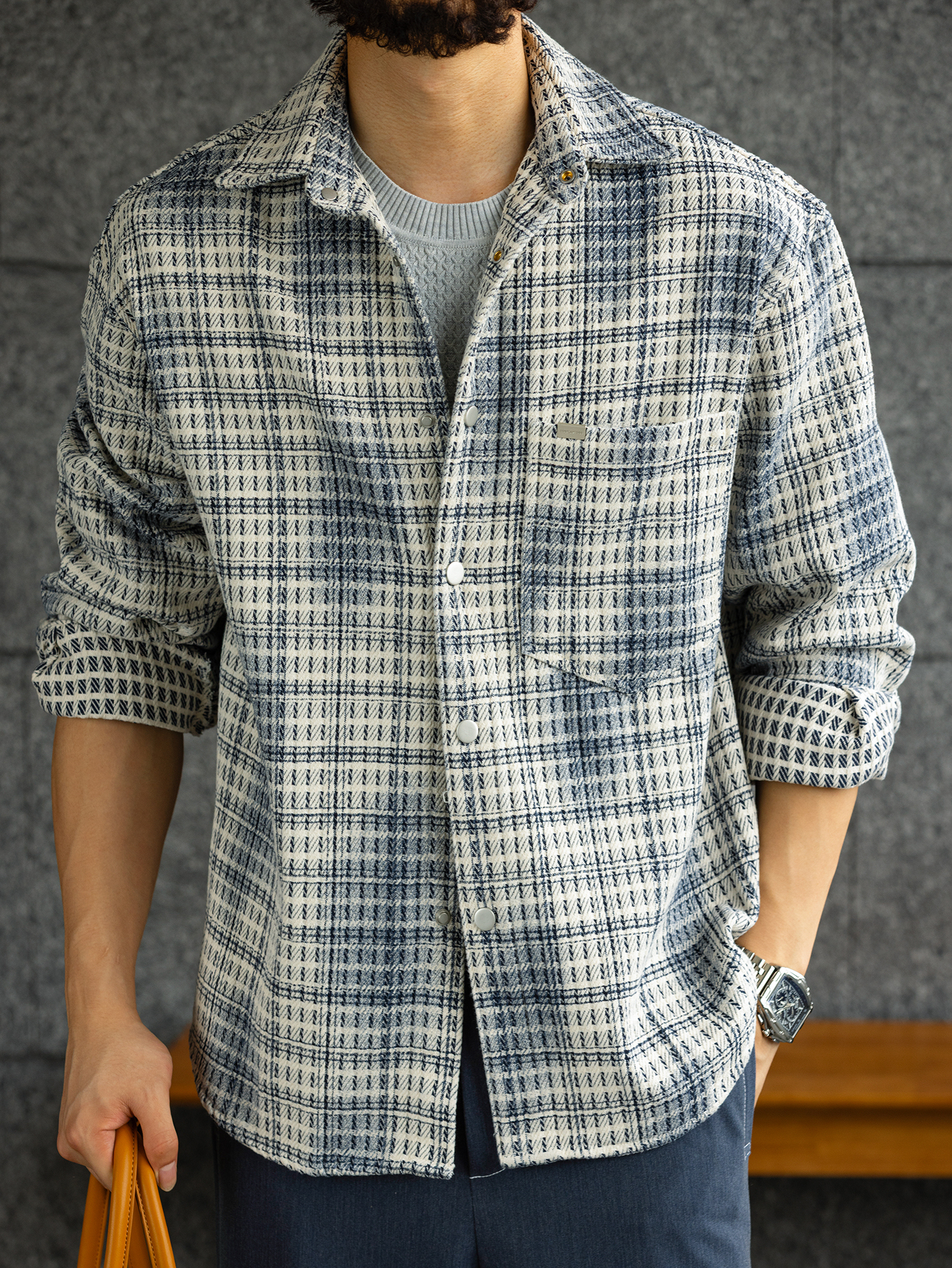 【維羅納記憶】高端粗花呢肌理長袖襯衫男小香風格子襯衣