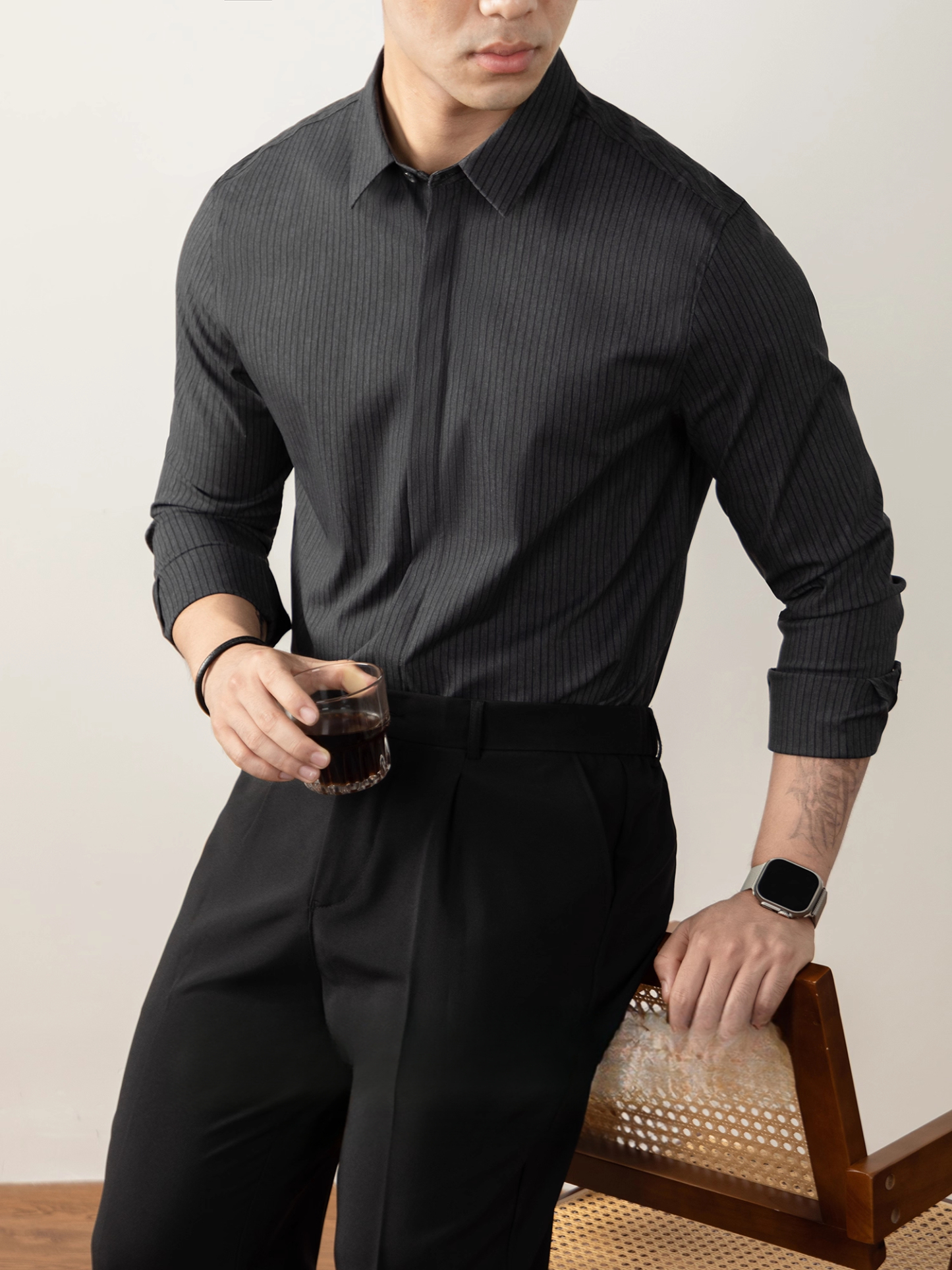 SLIMVERT【纖直紋】高端襯衫男長袖豎條紋隱藏式暗釦商務免燙顯瘦