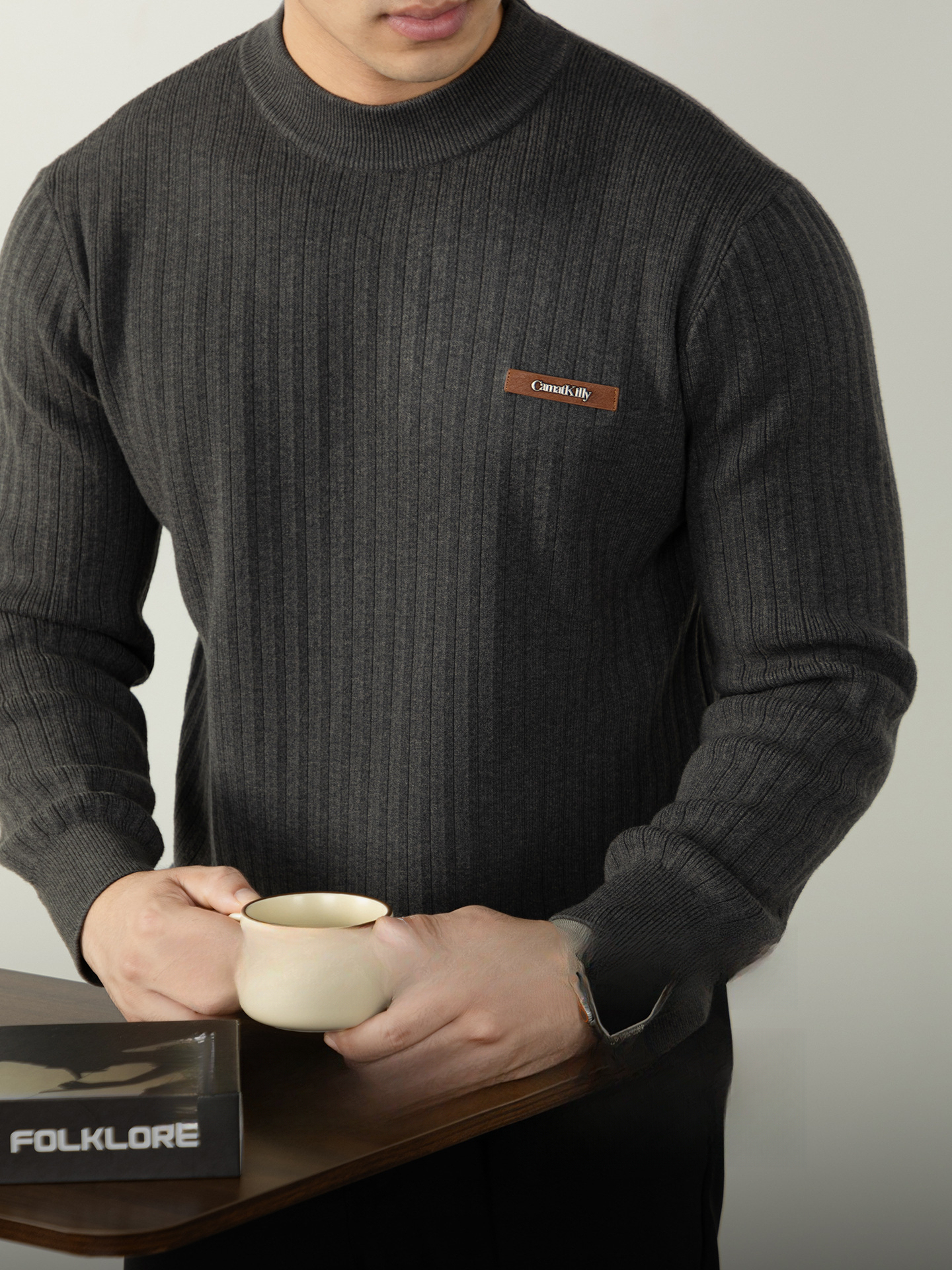 萊賽爾羊毛提花針織半高領軟暖質感豎紋肌理都市輕熟男裝秋冬款