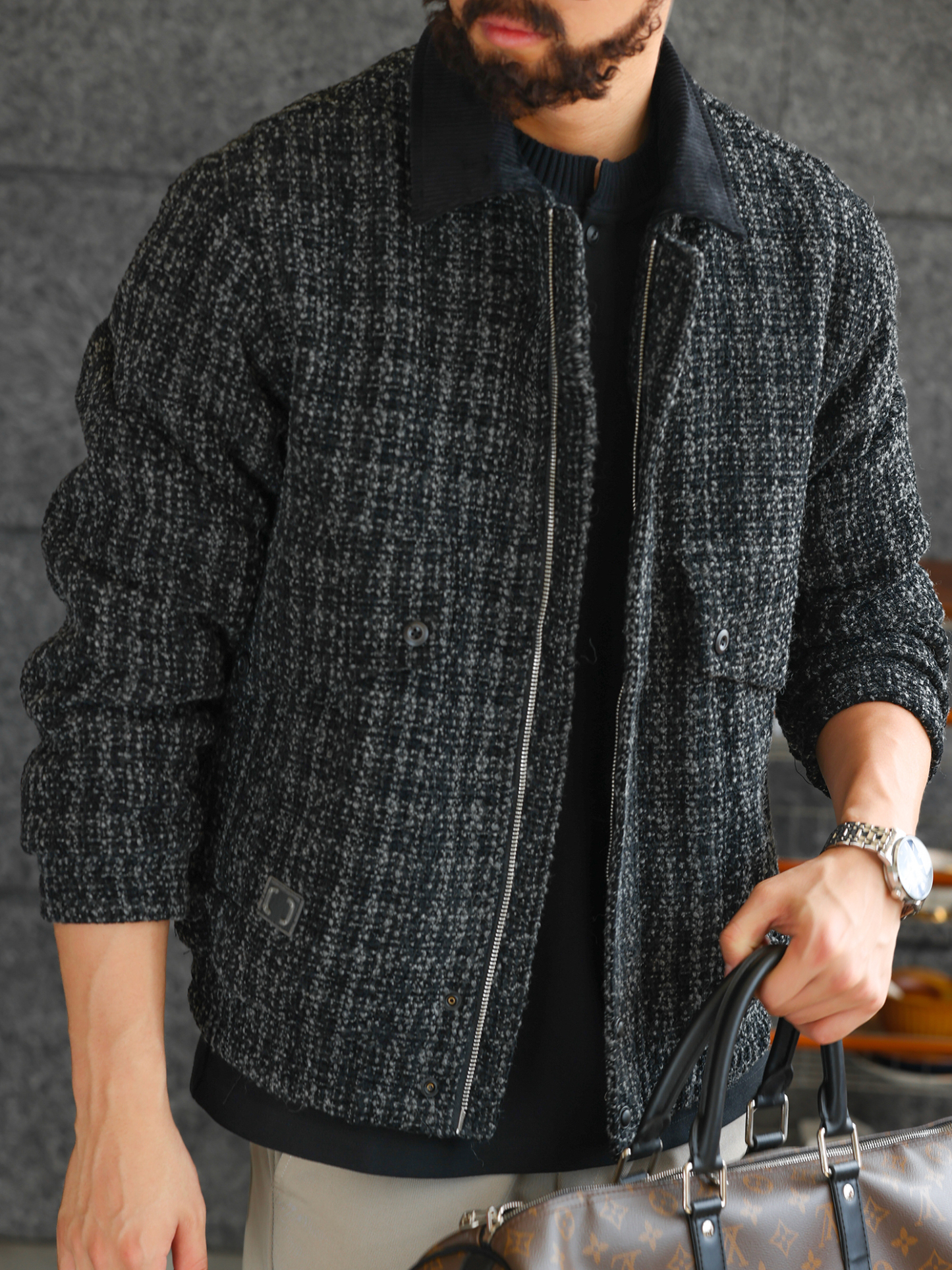 【羊毛工坊】高定花紗面料羊毛質感夾克男士休閒毛呢外套