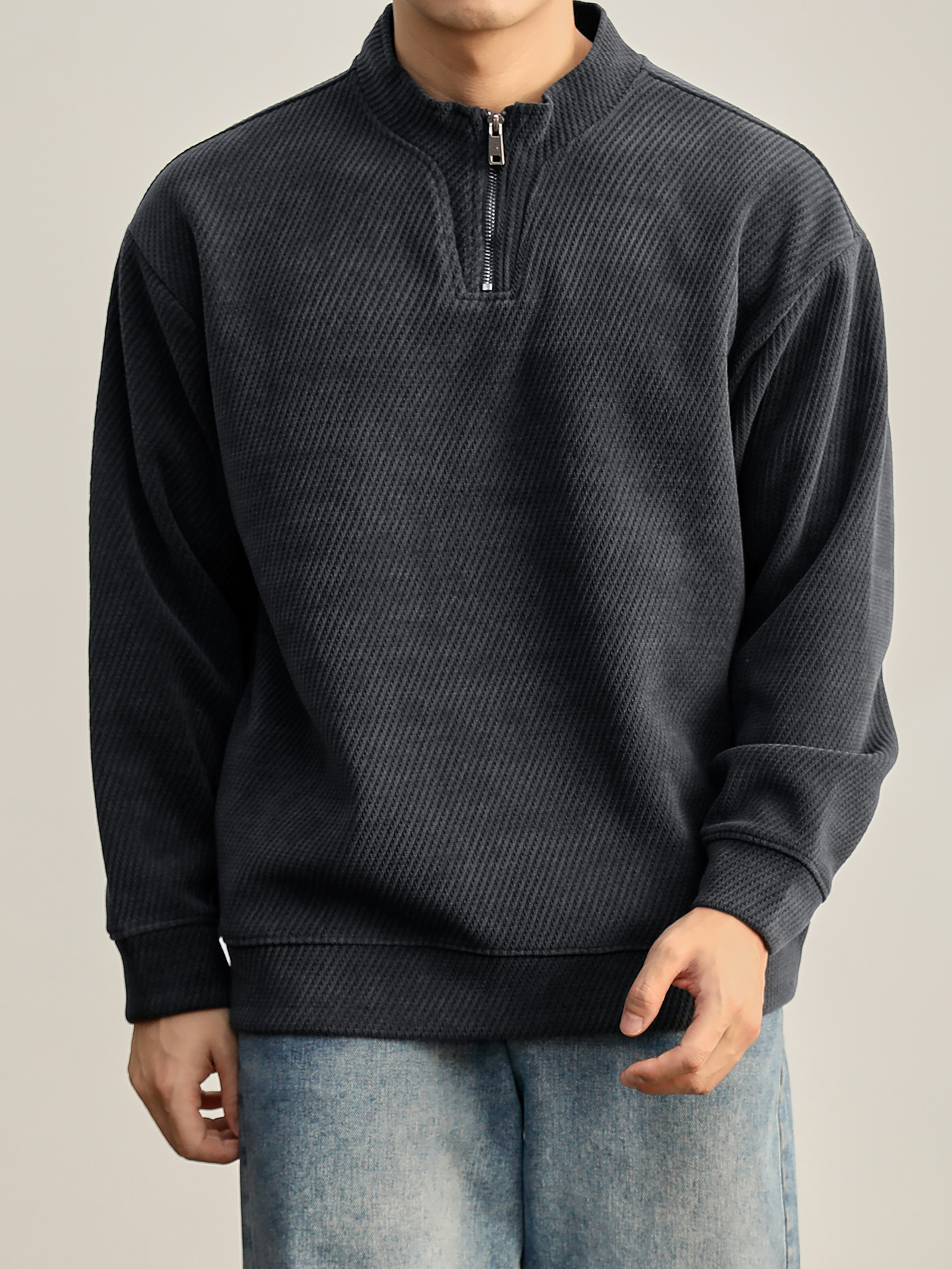 重磅550g斜紋美式半拉鍊衛衣男秋冬慵懶風純色立領長袖上衣