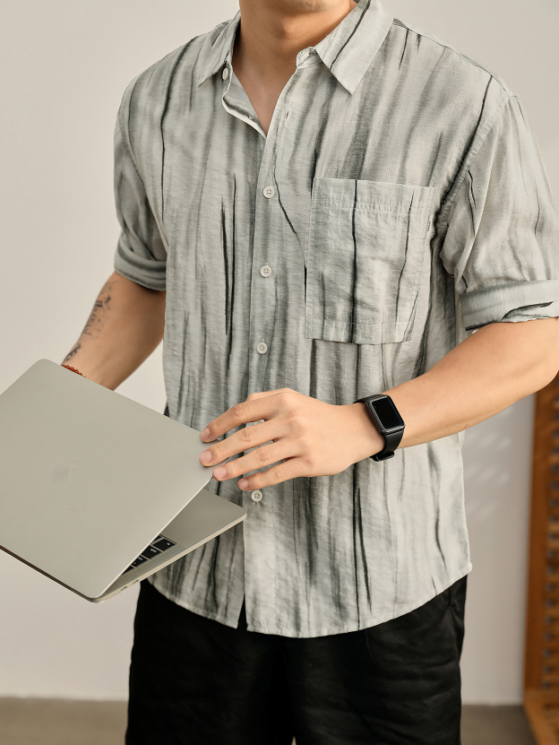 藝術感暈染漸變紋理短袖襯衫男夏親膚萊賽爾垂墜感半袖襯衣