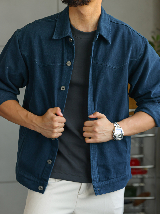 【多瑙河畔】法工藍水洗棉夾克男士秋季復古工裝外套上衣