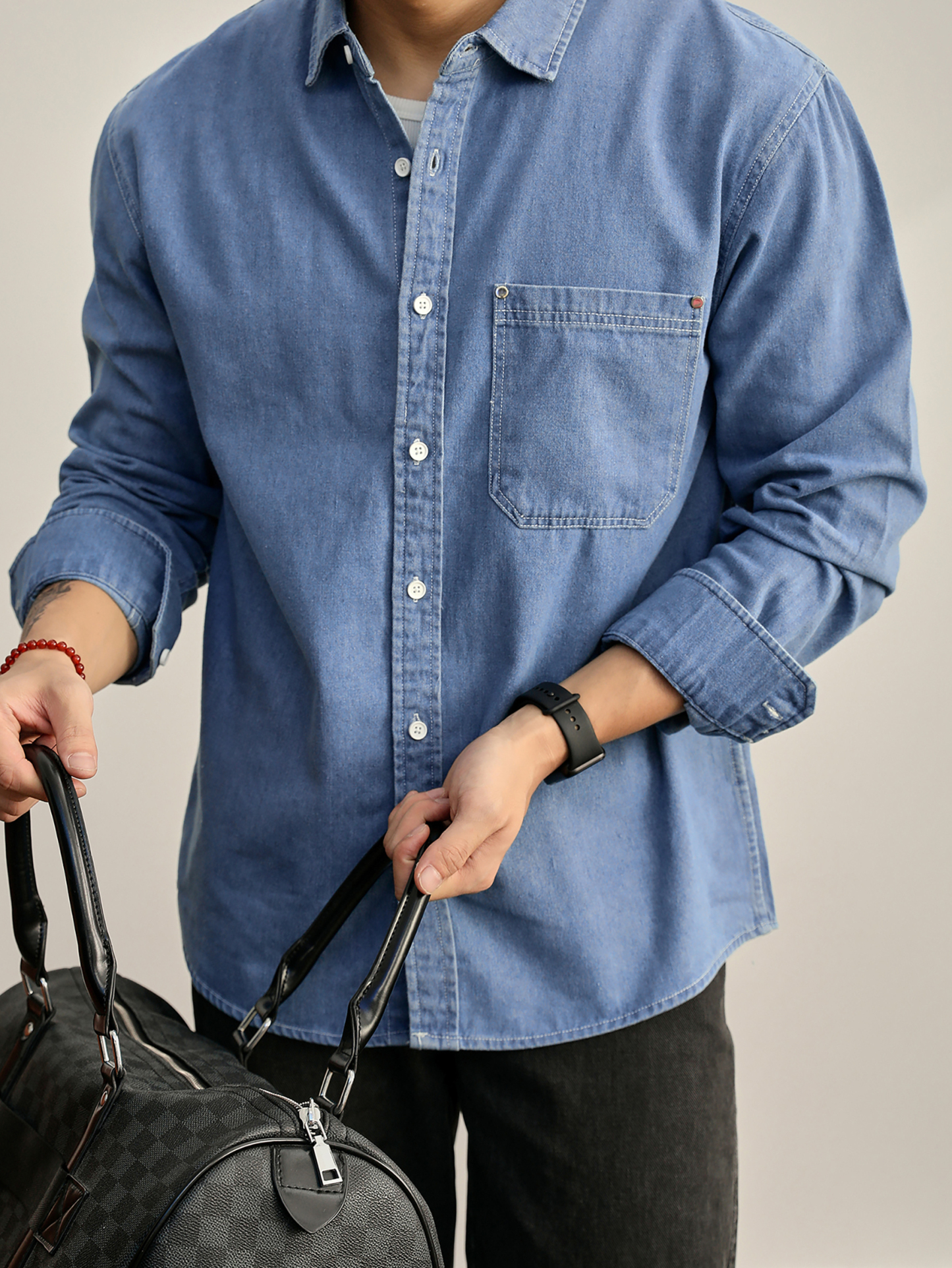 美式復古輯明線鉚釘貼袋設計100%純棉牛仔長袖男士襯衫外套