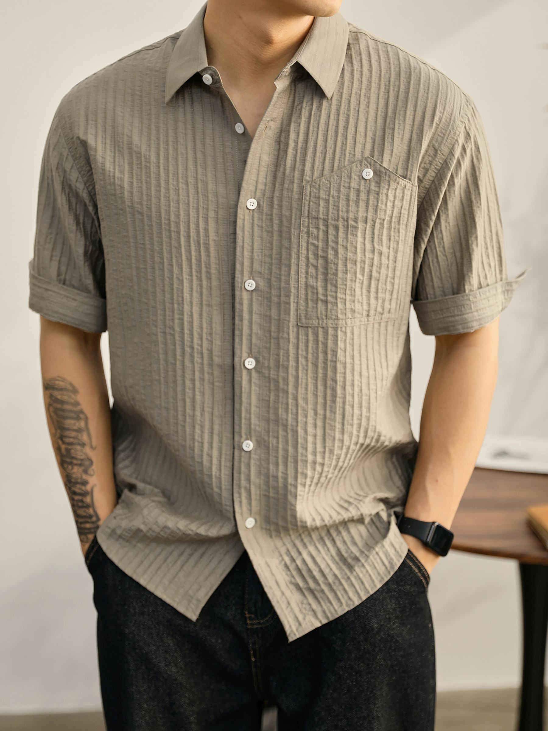 時尚潮流帥氣單穿襯衫男萊賽爾透氣襯衣泡泡肌理感紋理短袖