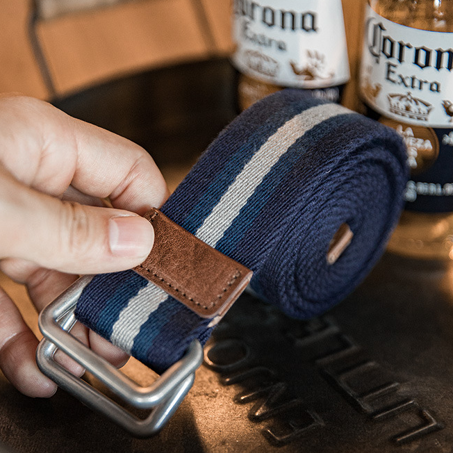 復古雙環扣條紋腰帶學院風免打孔鬆緊編織帆布配飾褲帶男-Retro's Wear