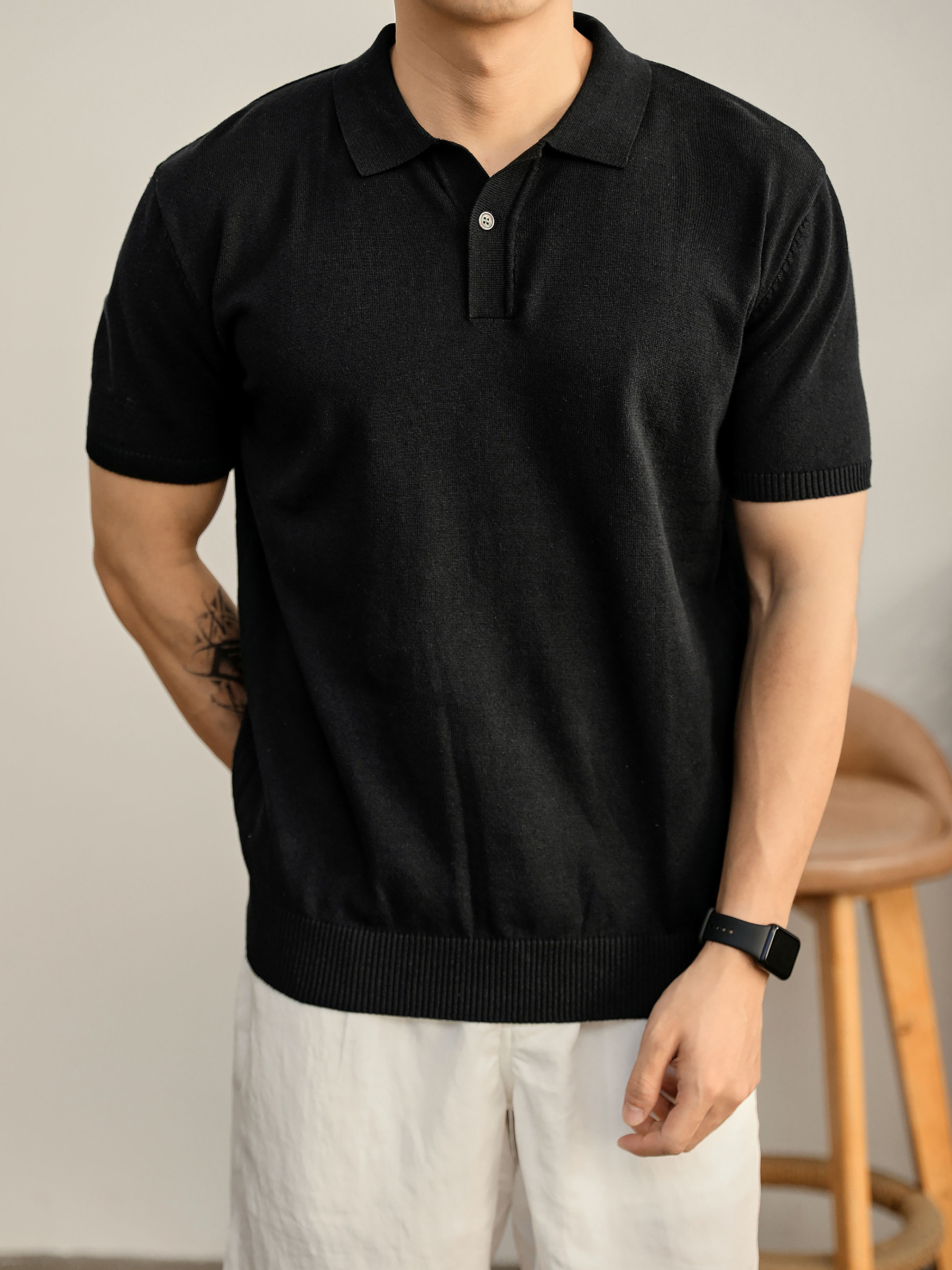 男夏季花天藍單紐扣設計翻領POLO衫輕奢休閒水洗棉針織短袖