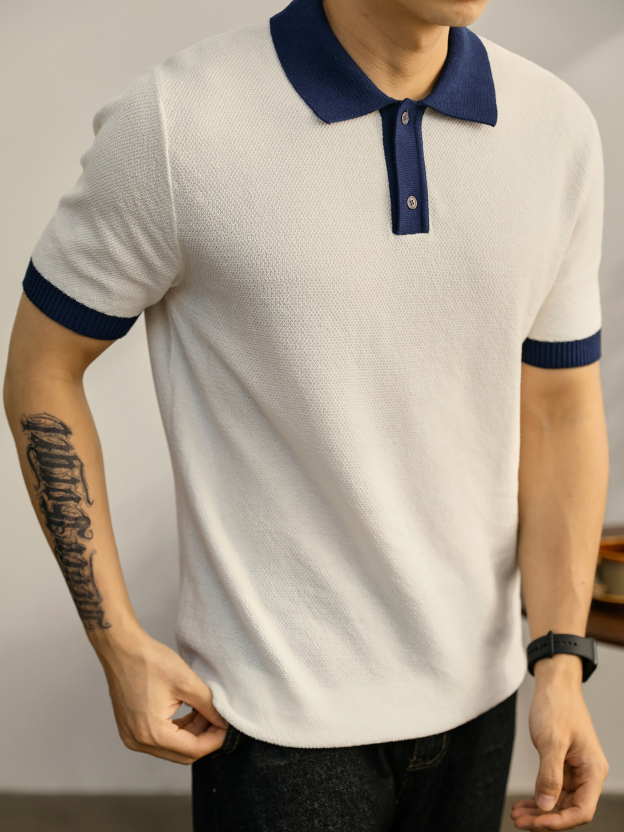 都市輕熟風撞色翻領Polo衫男夏季時尚休閒針織衫純棉上衣