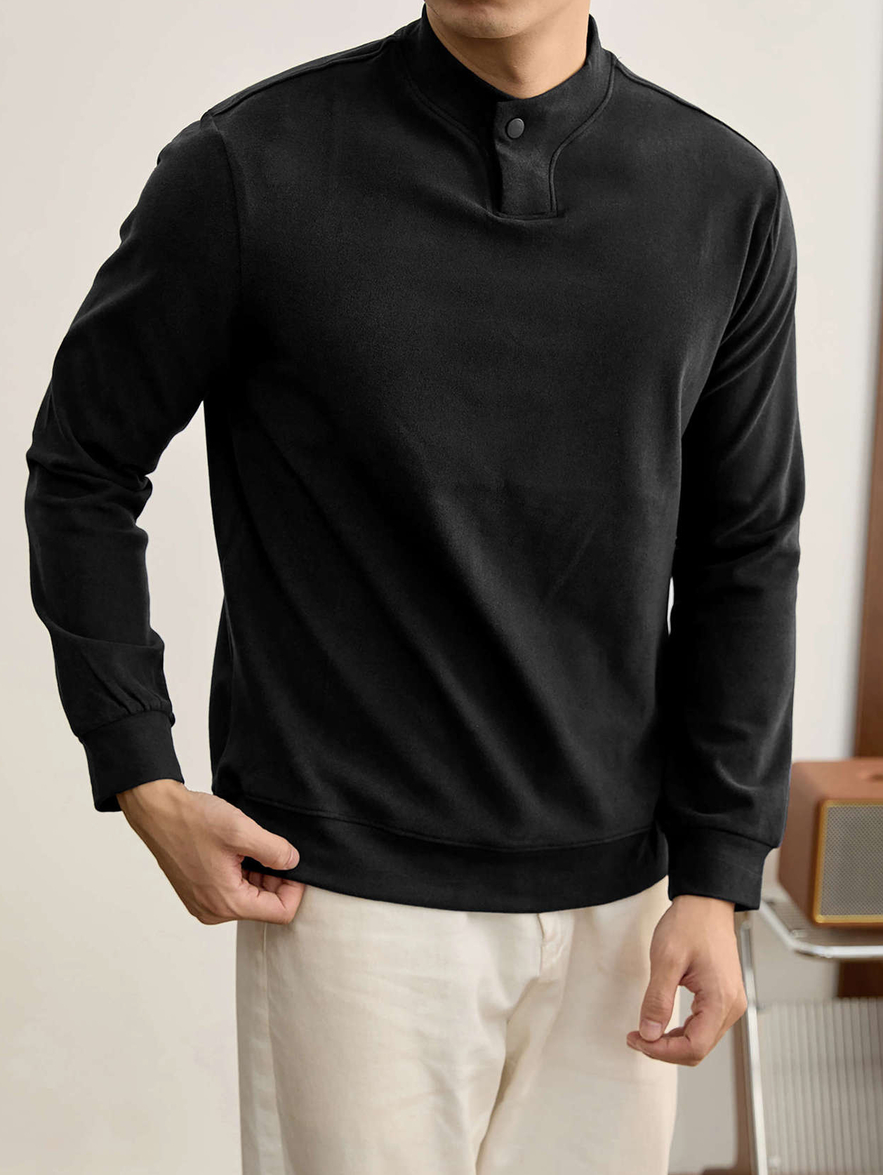 莫蘭迪色系冬季保暖德絨打底衫衛衣復古風一粒扣中領上衣男