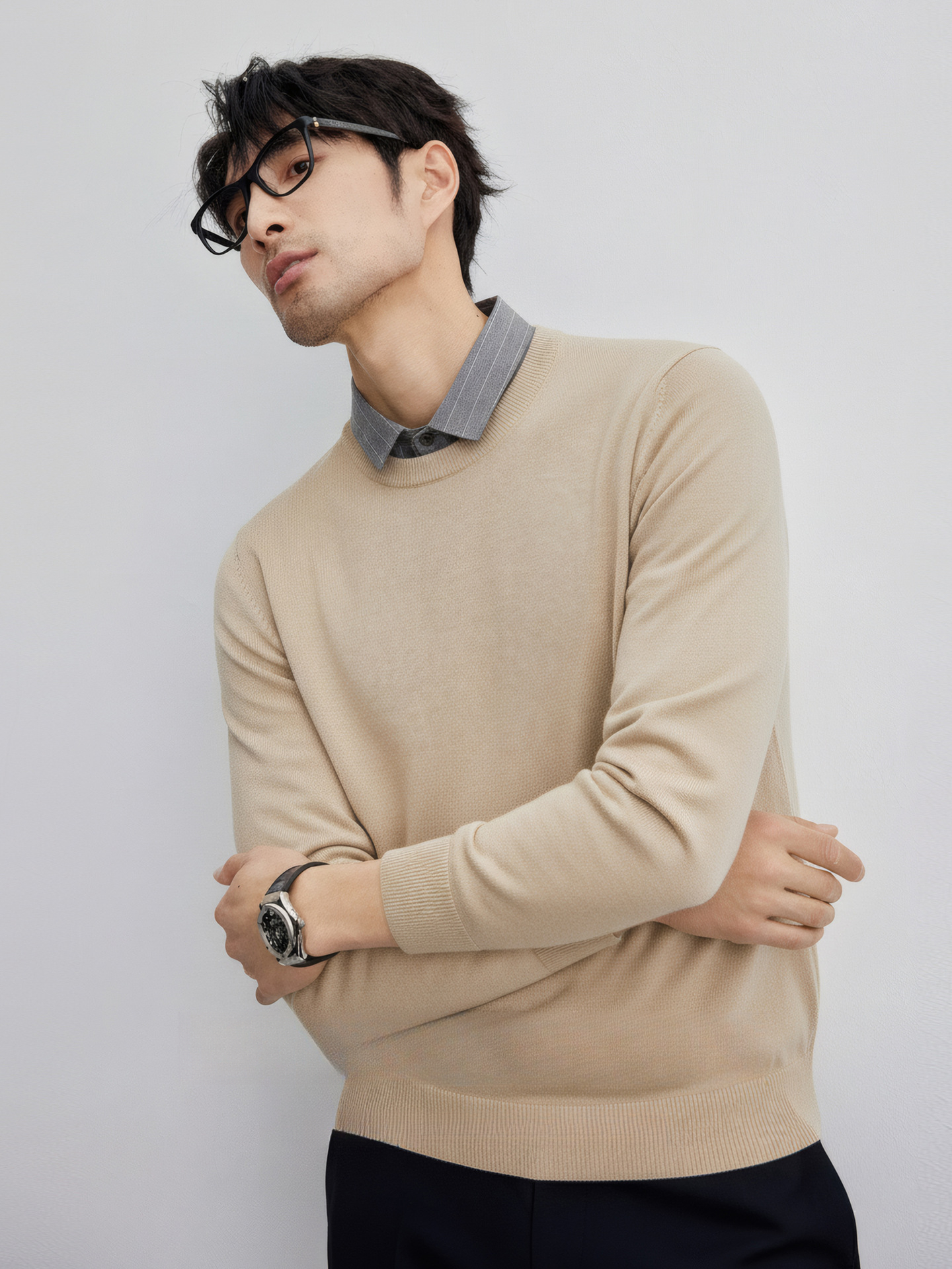 都市商務 襯衫領假兩件毛衣男士加厚保暖秋冬高端通勤舒適針織衫