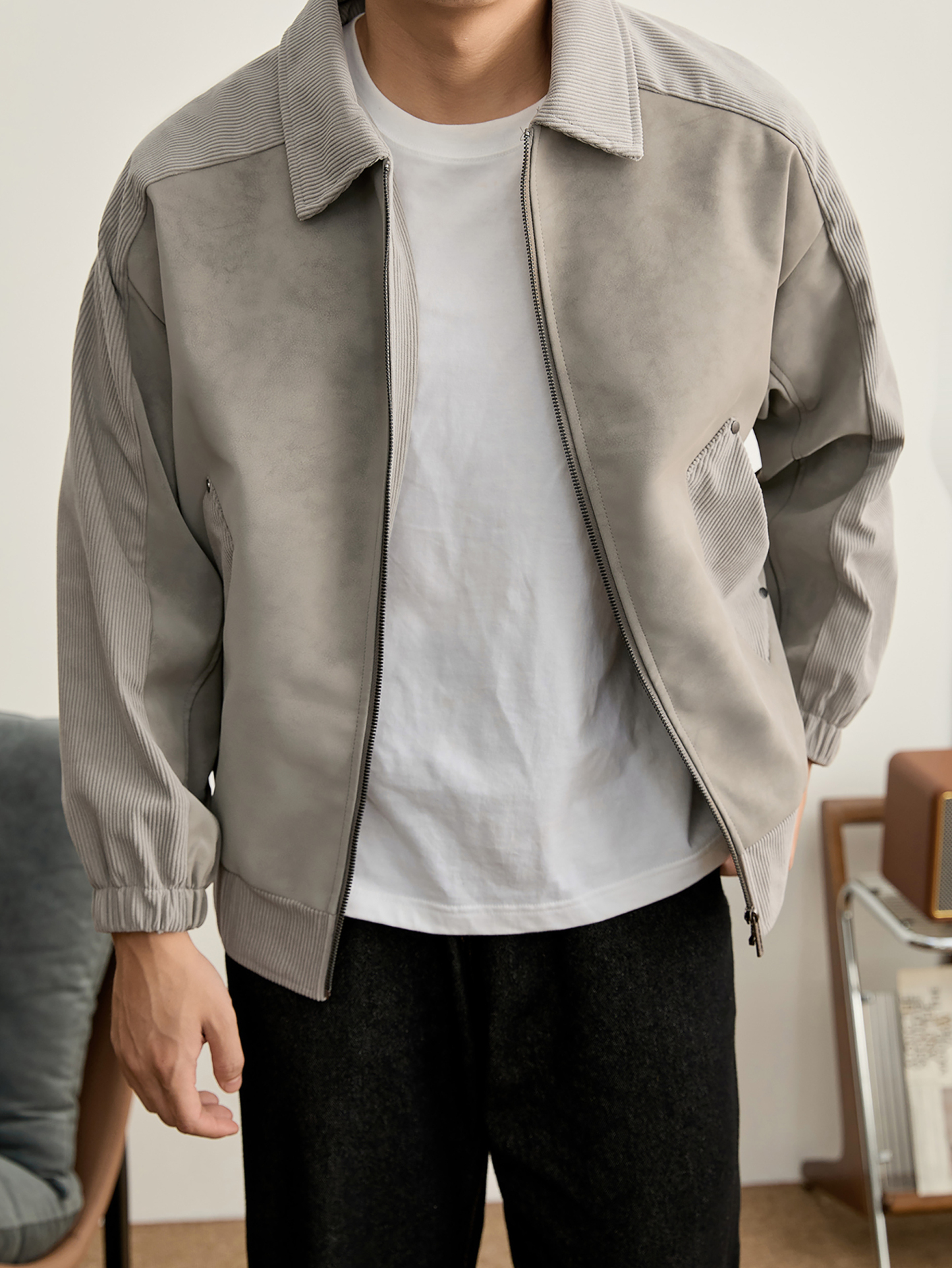 個性潮牌鉚釘拼接式設計PU防風外套燈芯絨插肩袖拼接夾克男