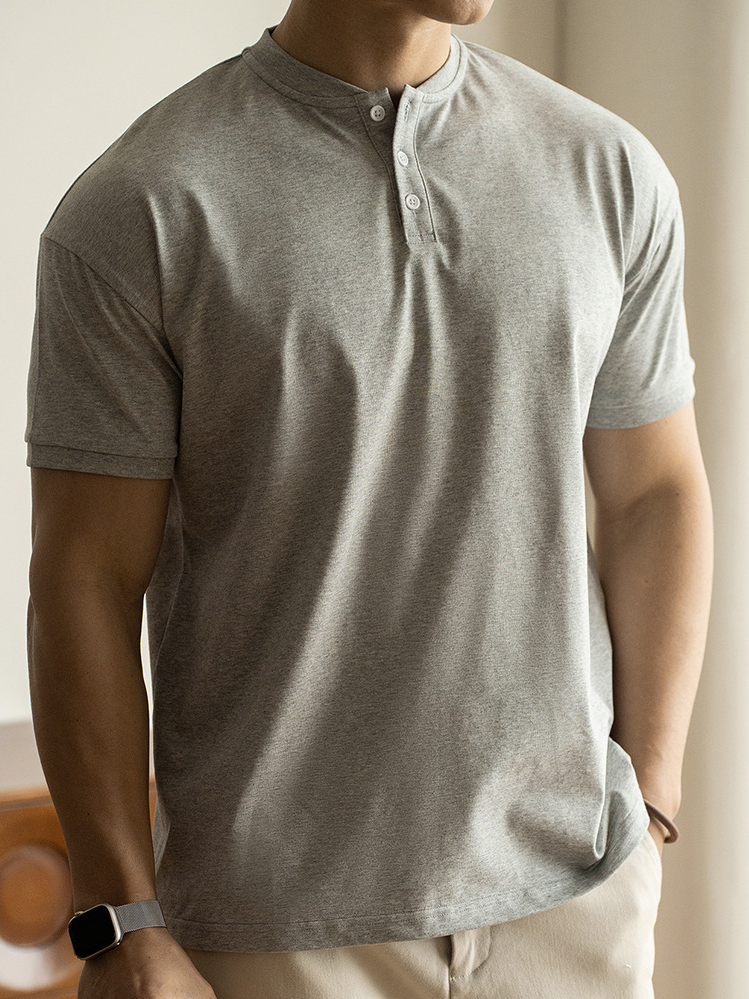 美式休閒亨利領透氣白色薄短袖T恤男士2025新款春季運動打底衫