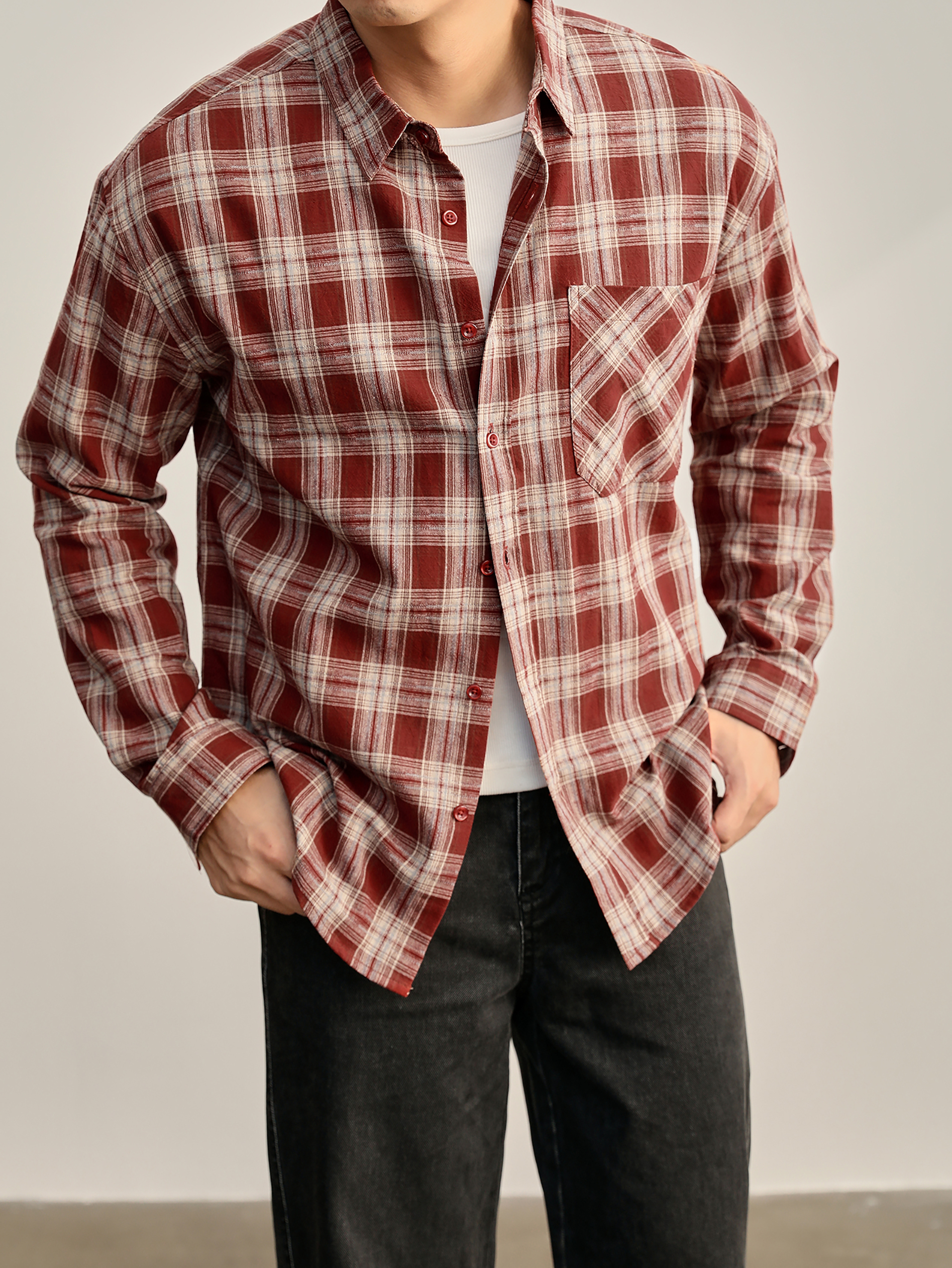 秋季美式復古長袖撞色格紋襯衫男士古着慵懶風100%純棉襯衣