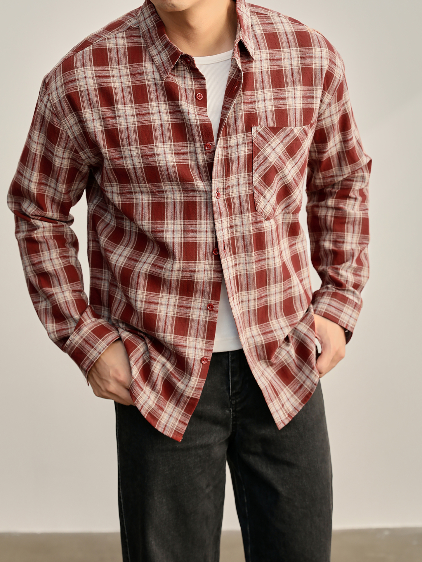 秋季美式復古長袖撞色格紋襯衫男士古着慵懶風100%純棉襯衣